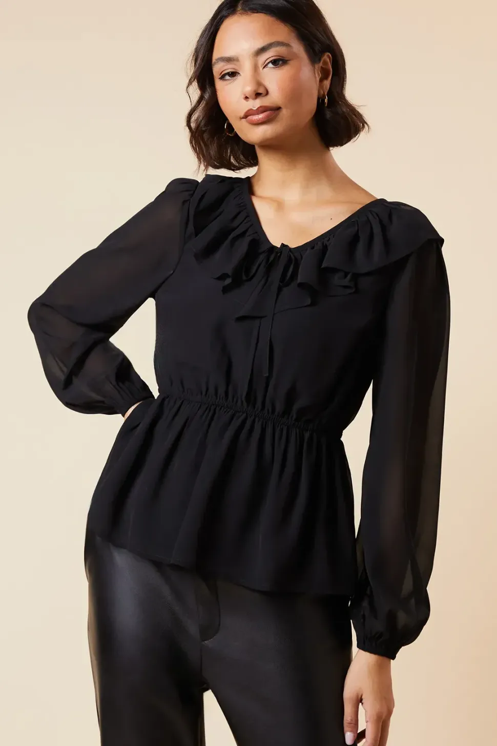 Ruffle Front Long Sleeve Blouse