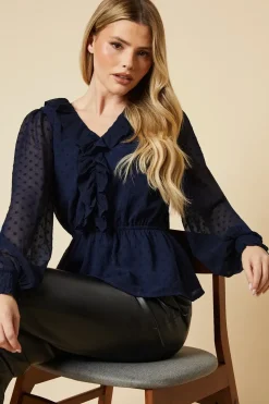 Ruffle Front Long Sleeve Dobby Chiffon Blouse