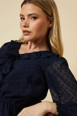 Ruffle Front Long Sleeve Dobby Chiffon Blouse