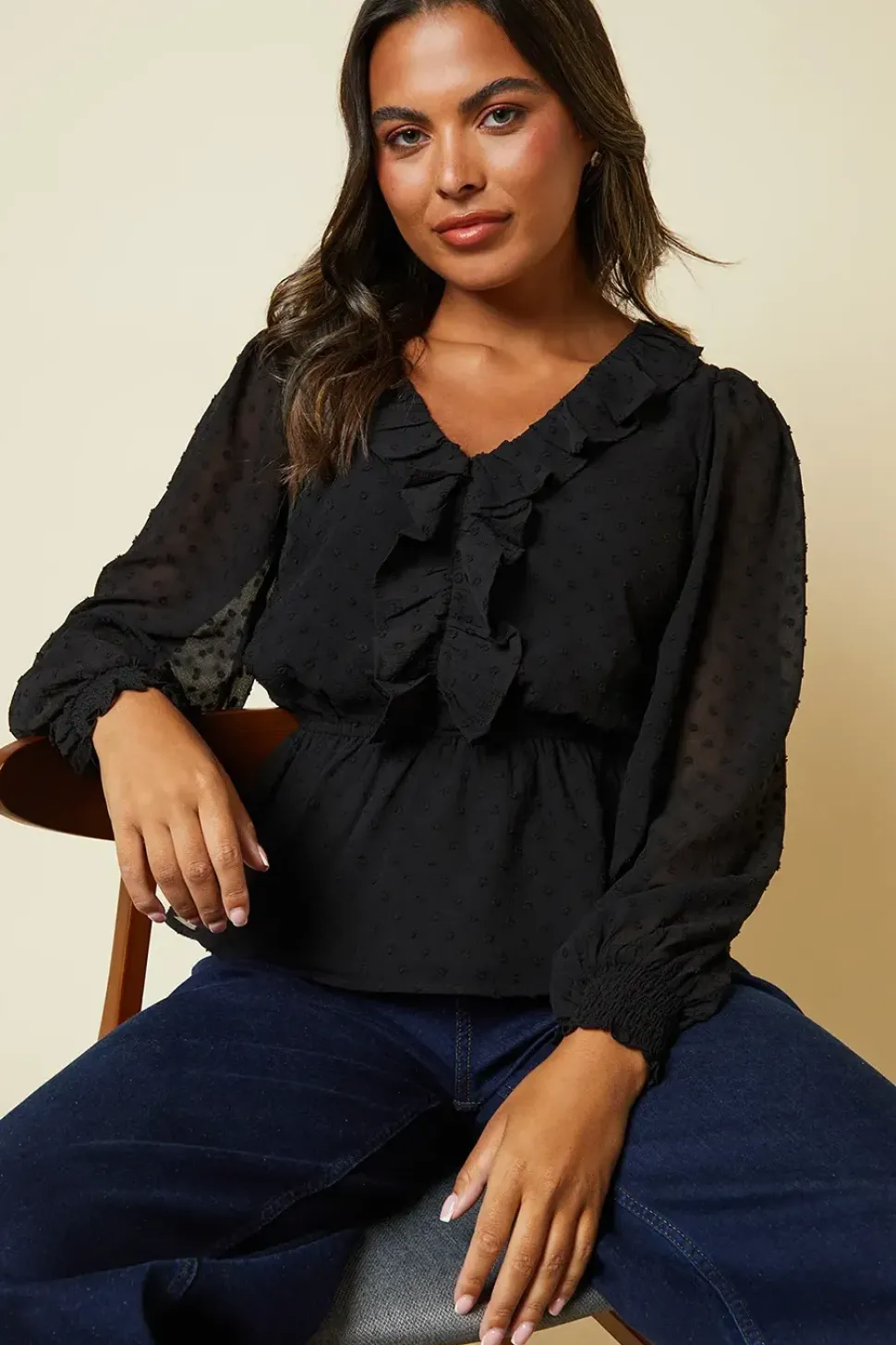 Ruffle Front Long Sleeve Dobby Chiffon Blouse