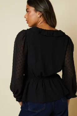 Ruffle Front Long Sleeve Dobby Chiffon Blouse
