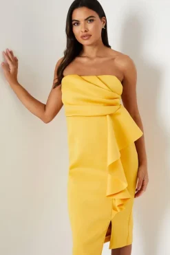 Ruffle Front Pleat Detail Bandeau Pencil Dress