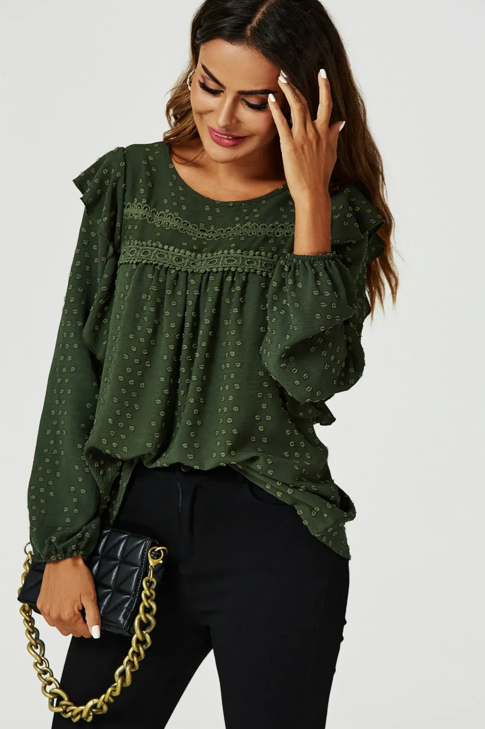 Ruffle Lace Detail Long Sleeve Blouse Top in Khaki