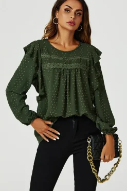 Ruffle Lace Detail Long Sleeve Blouse Top in Khaki