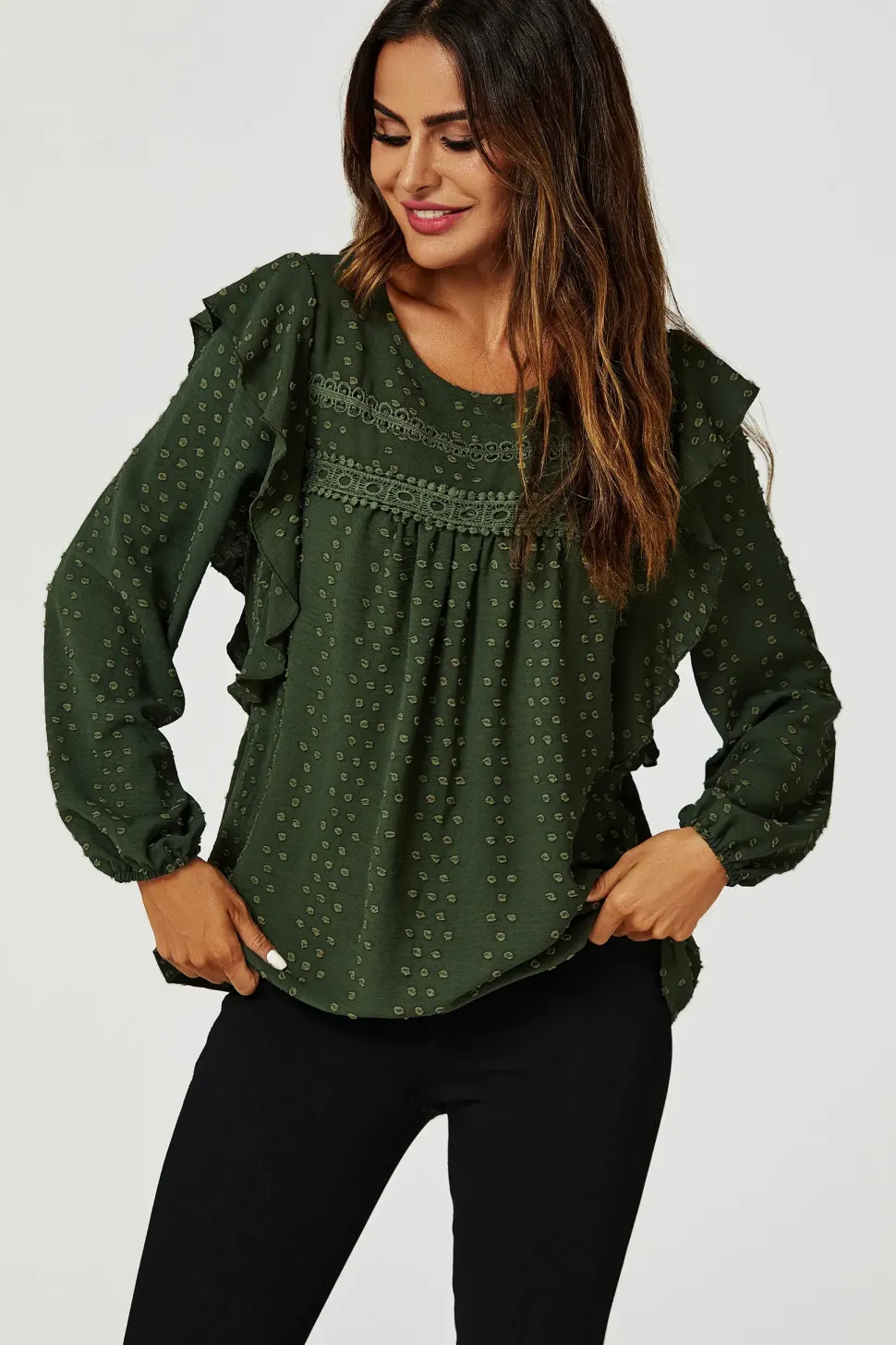 Ruffle Lace Detail Long Sleeve Blouse Top in Khaki