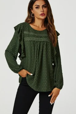 Ruffle Lace Detail Long Sleeve Blouse Top in Khaki