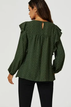 Ruffle Lace Detail Long Sleeve Blouse Top in Khaki