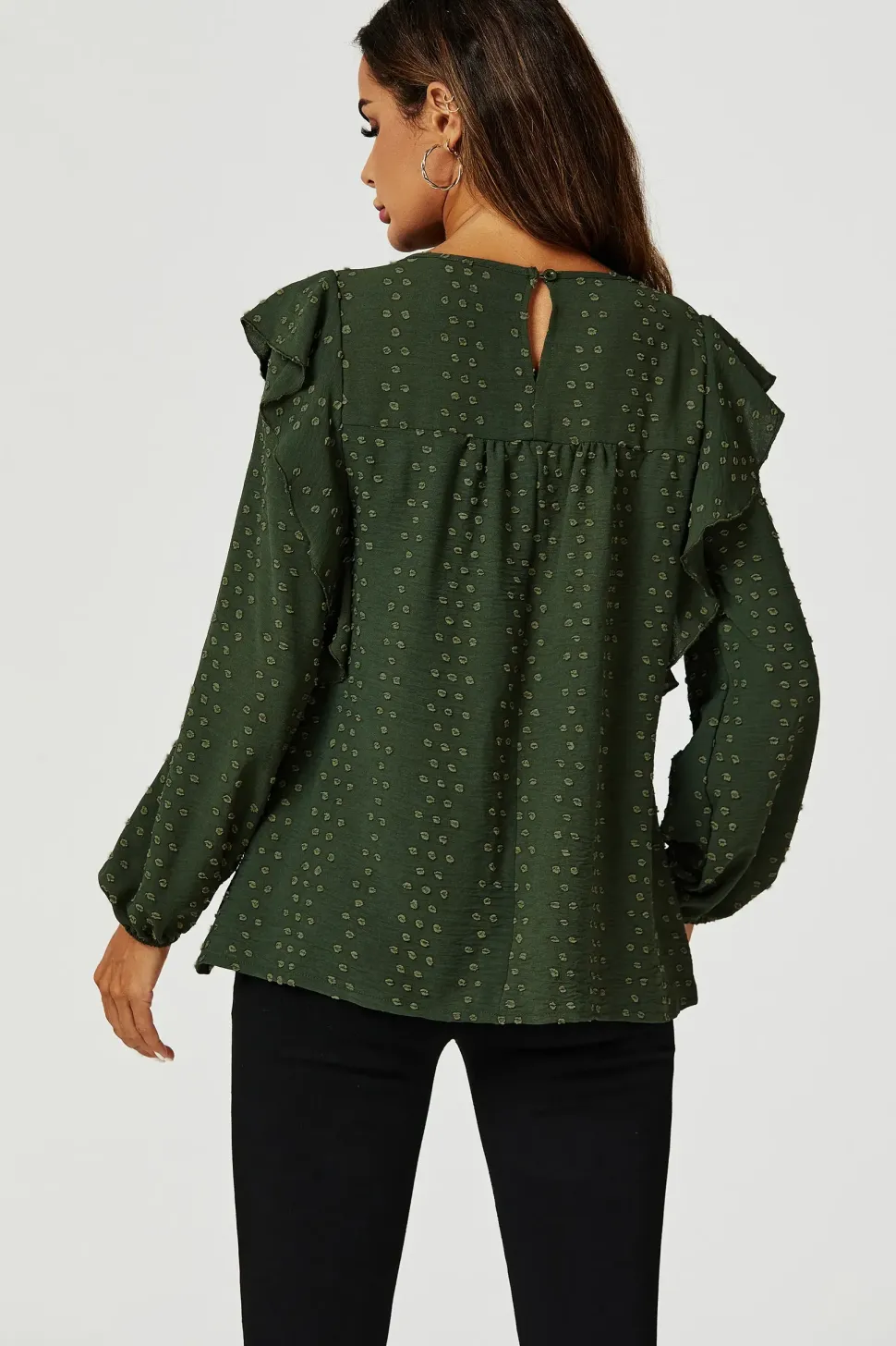 Ruffle Lace Detail Long Sleeve Blouse Top in Khaki