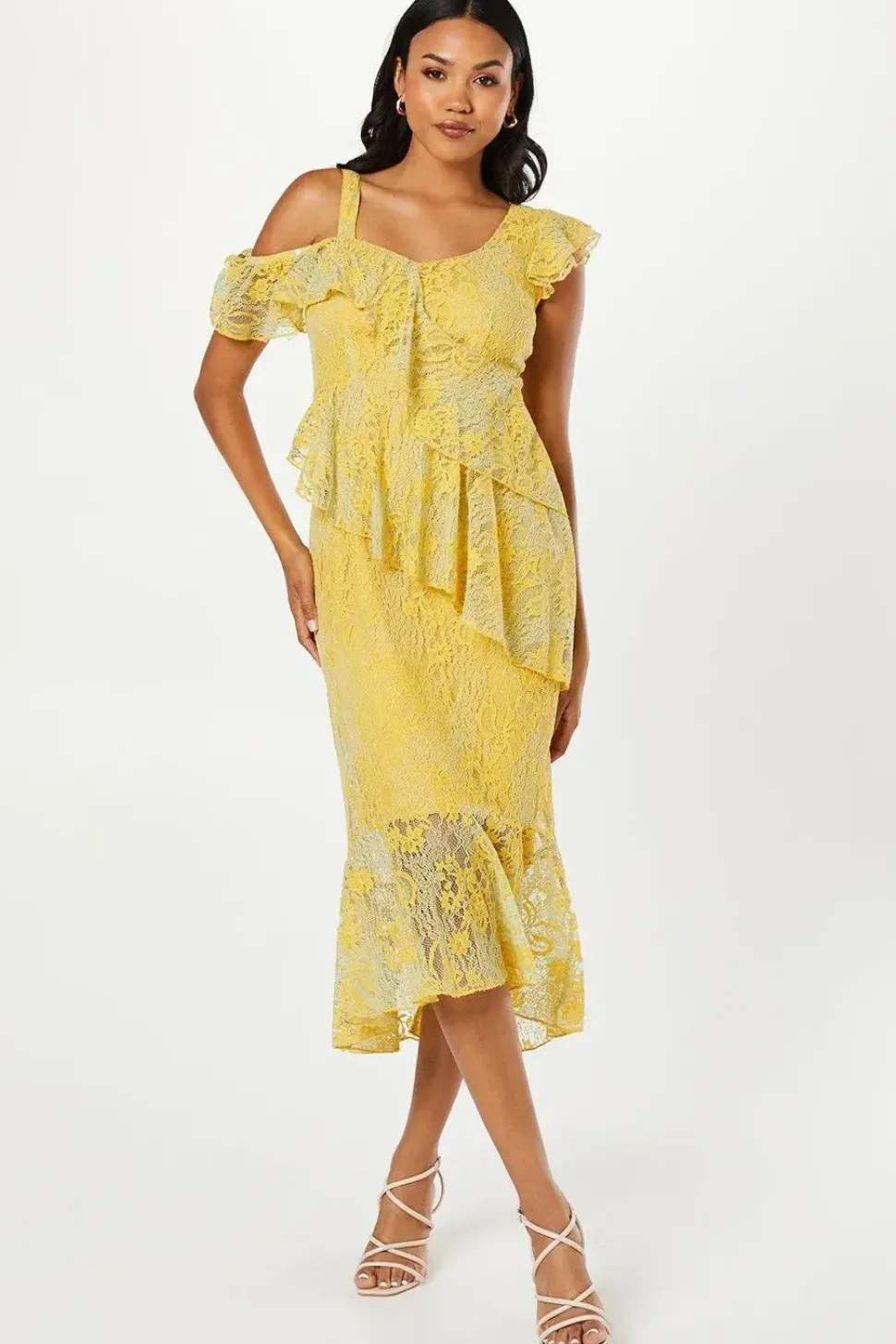 Ruffle Lace Pencil Dress With Flute Hem
