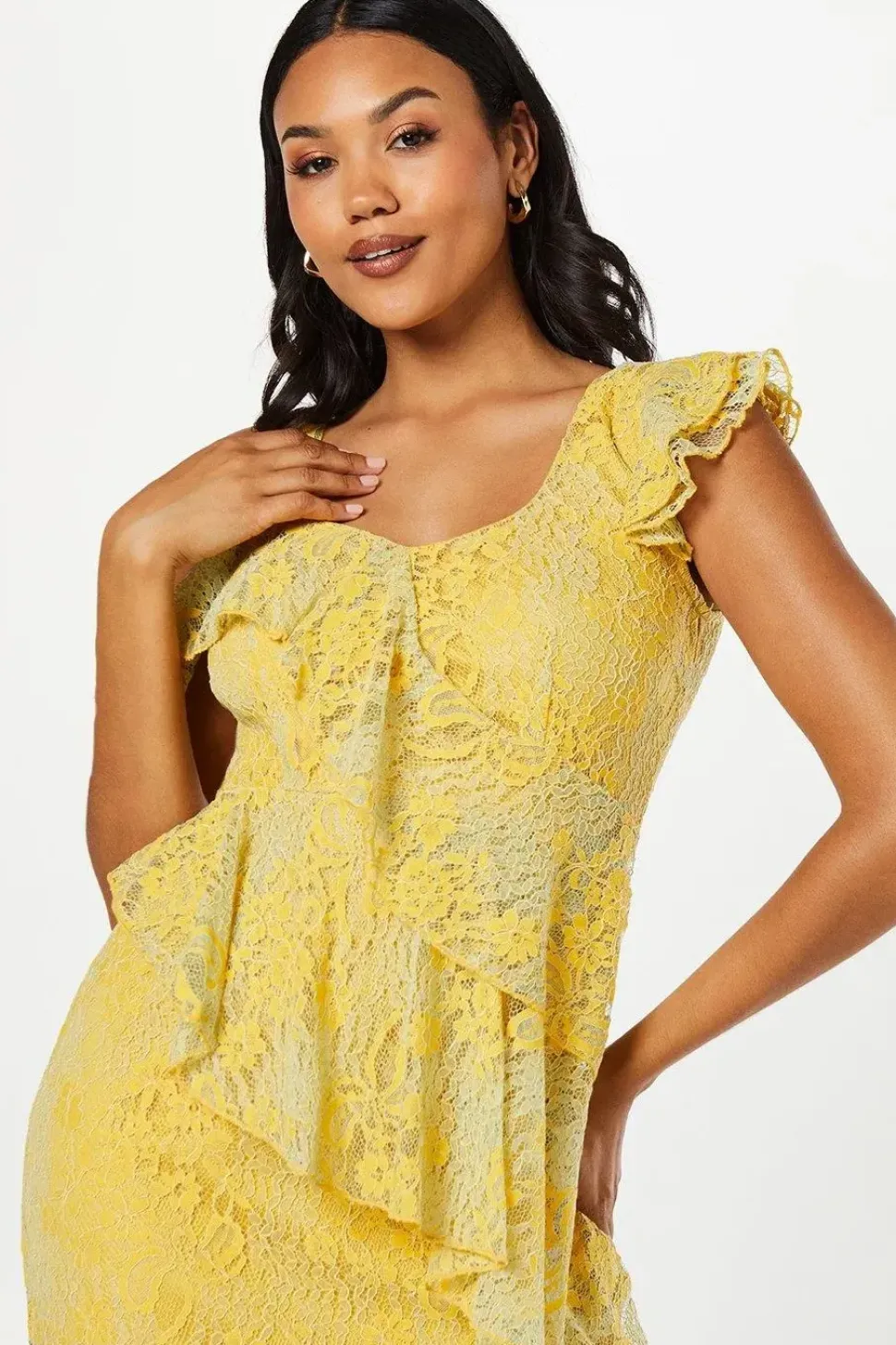 Ruffle Lace Pencil Dress With Flute Hem