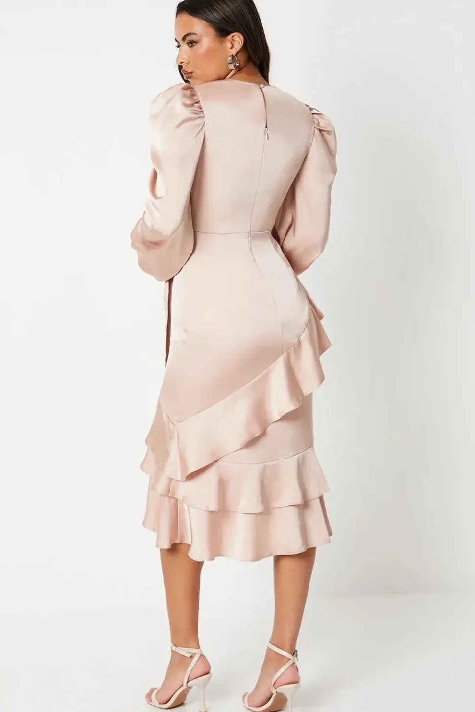 Ruffle Long Sleeve Satin Wrap Dress
