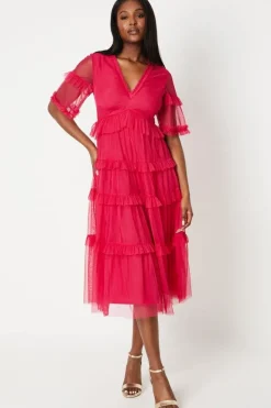 Ruffle Mesh Midi Dress