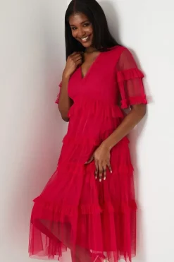Ruffle Mesh Midi Dress