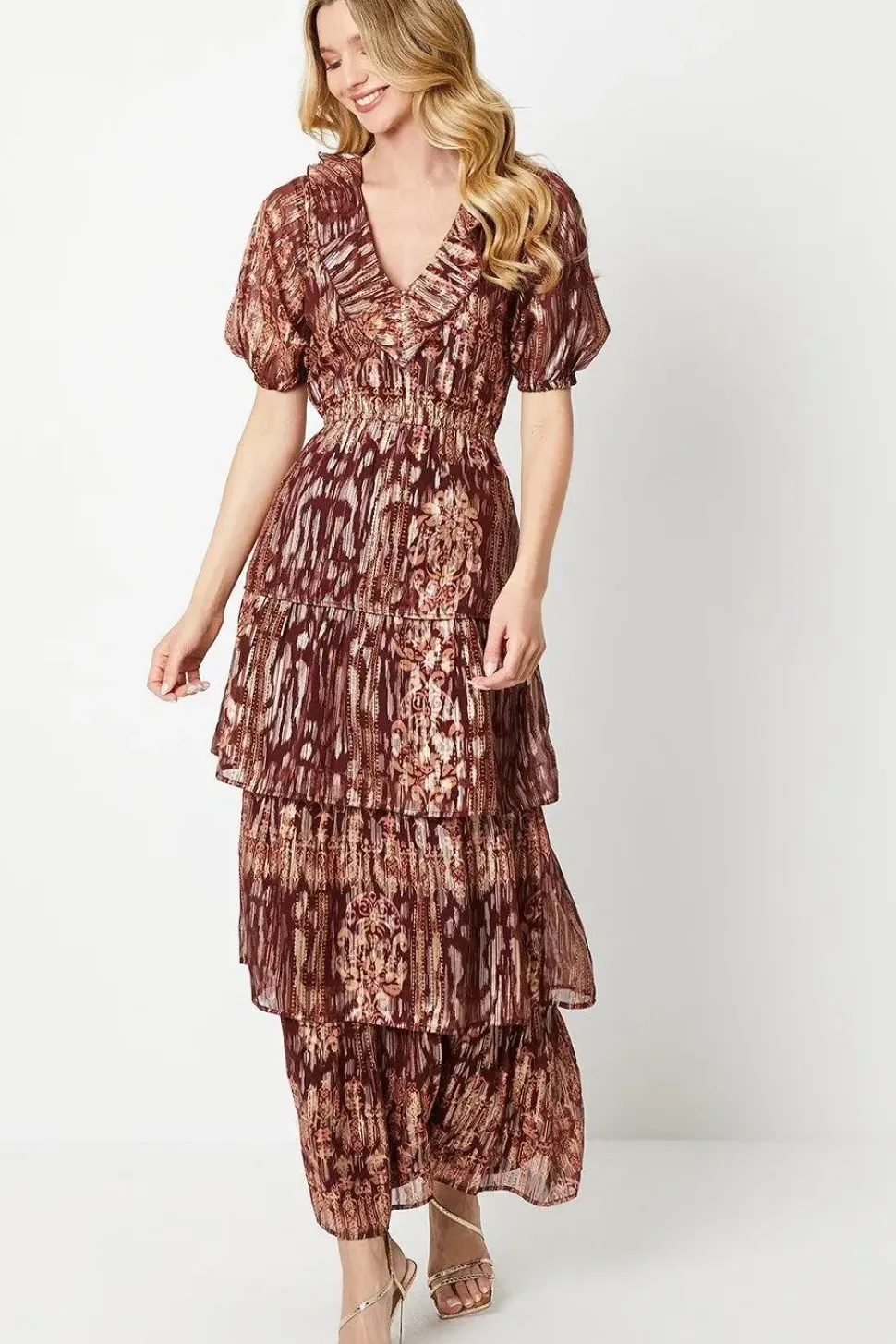 Ruffle Metallic Jacquard Tiered Midi Dress