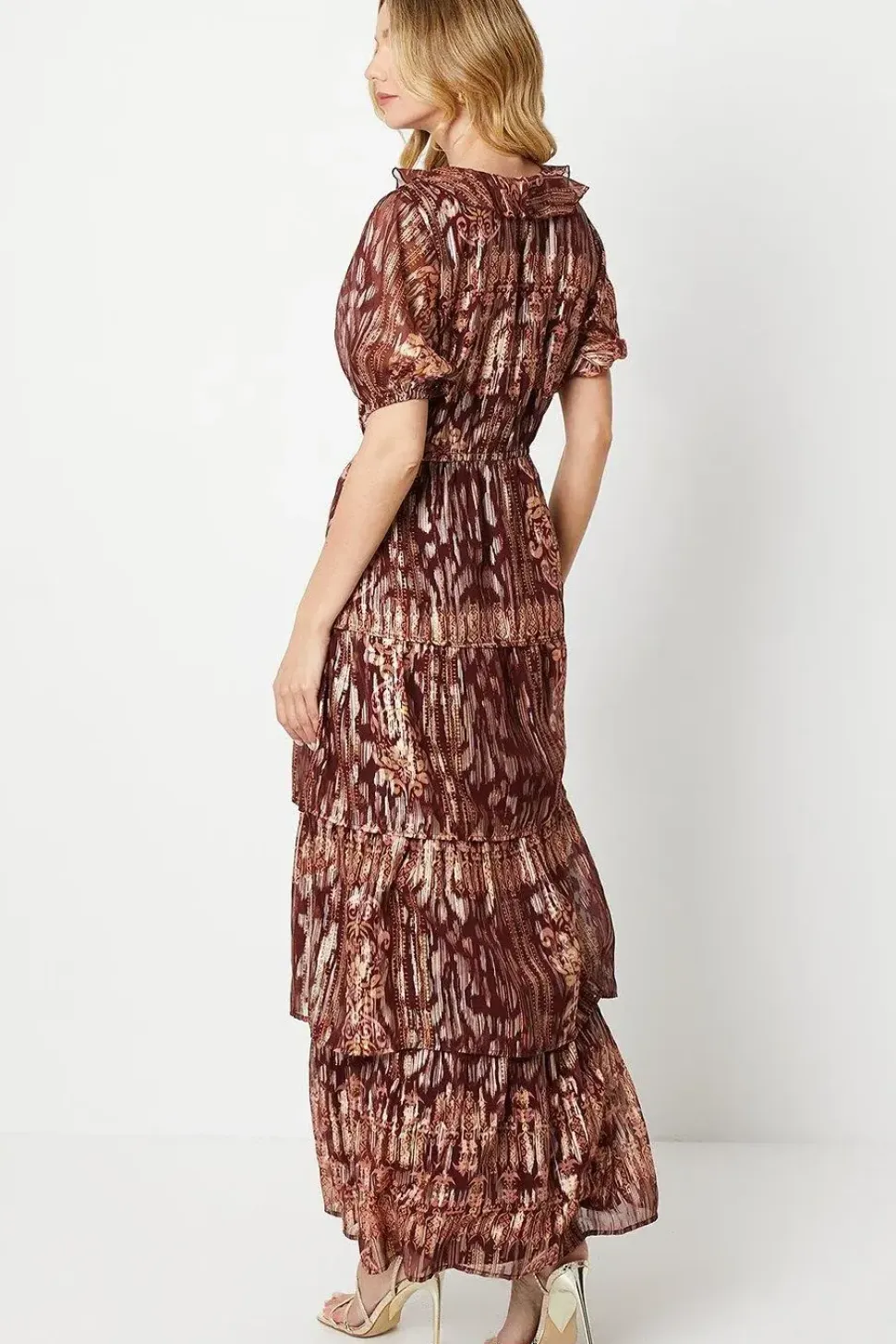 Ruffle Metallic Jacquard Tiered Midi Dress