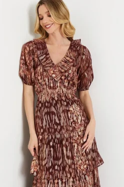 Ruffle Metallic Jacquard Tiered Midi Dress