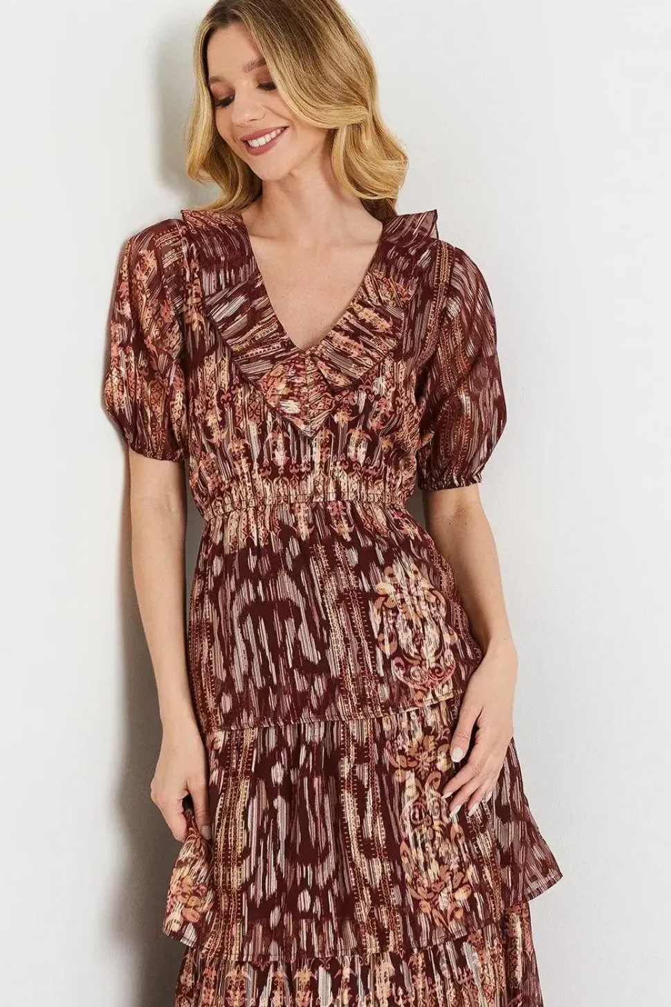 Ruffle Metallic Jacquard Tiered Midi Dress
