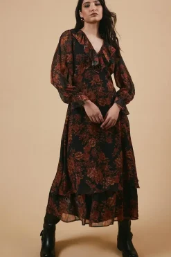 Ruffle Neckline Chiffon Midi Dress