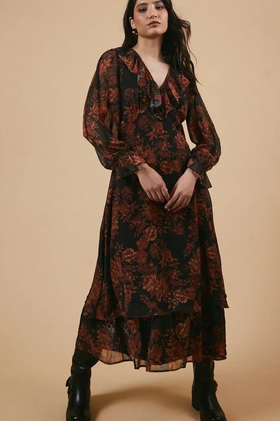 Ruffle Neckline Chiffon Midi Dress