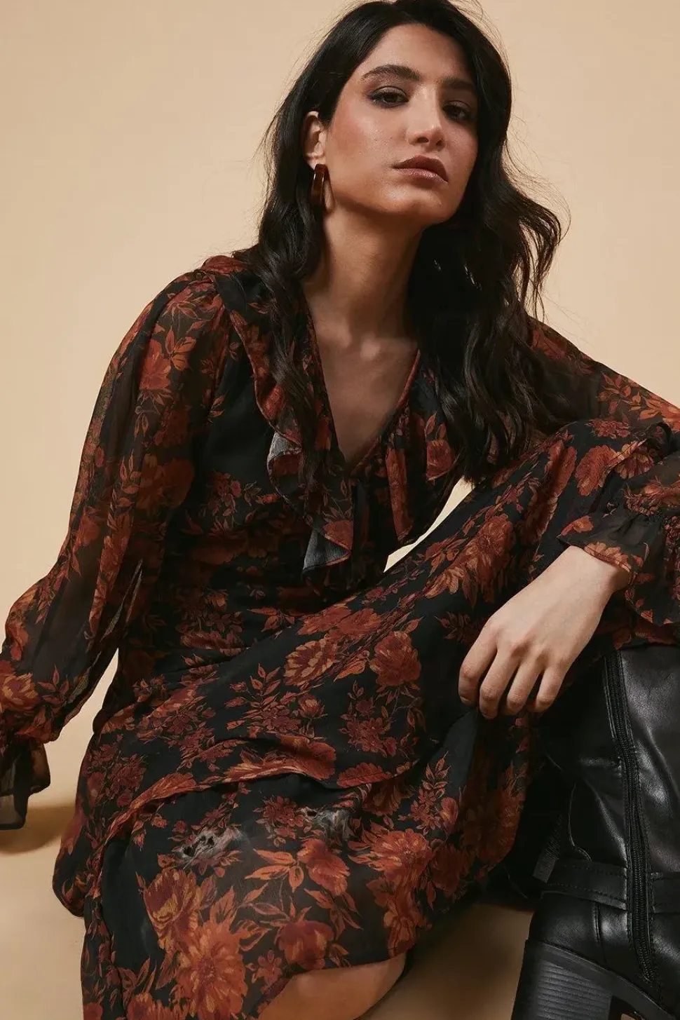 Ruffle Neckline Chiffon Midi Dress