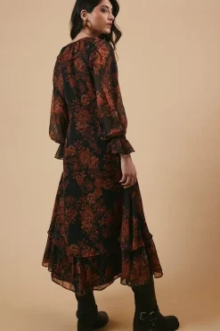 Ruffle Neckline Chiffon Midi Dress