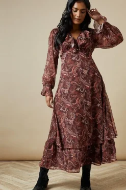 Ruffle Neckline Chiffon Midi Dress