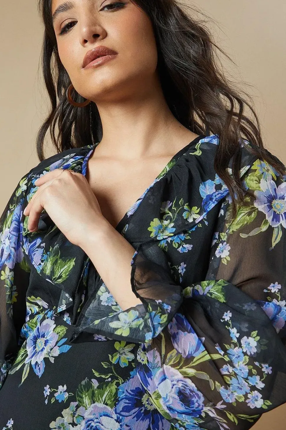 Ruffle Neckline Chiffon Mini Dress