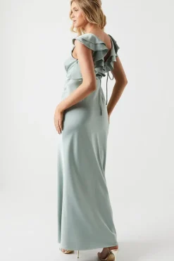 Ruffle Neckline Satin Maxi Bridesmaid Dress