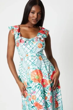 Ruffle Neck Placement Print Cotton Dress