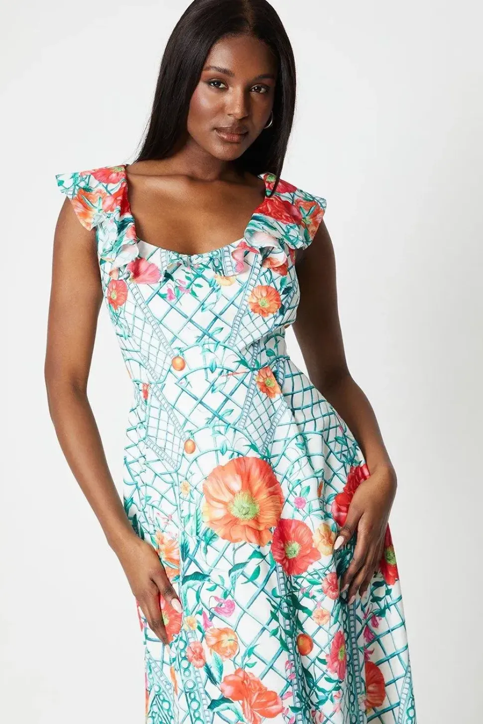 Ruffle Neck Placement Print Cotton Dress