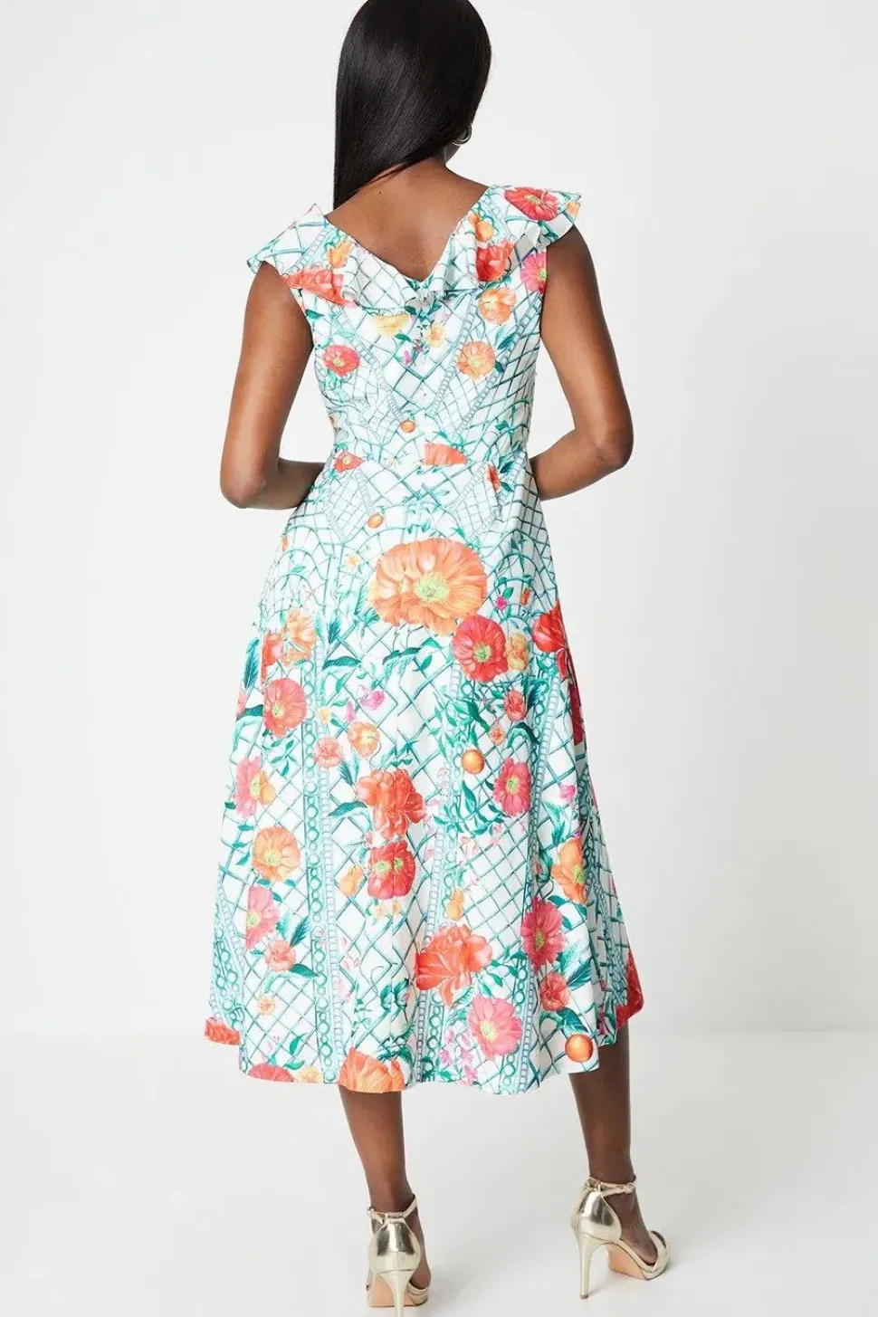Ruffle Neck Placement Print Cotton Dress