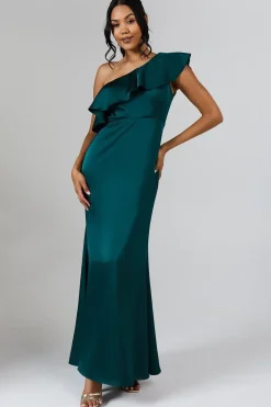 Ruffle One Shoulder Satin Maxi Bridemaids Dress