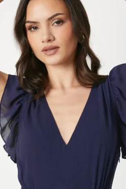 Ruffle Shoulder Chiffon Midi Dress
