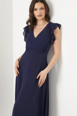 Ruffle Shoulder Chiffon Midi Dress