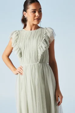 Ruffle Shoulder Mesh Bridesmaid Midi Dress