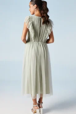 Ruffle Shoulder Mesh Bridesmaid Midi Dress