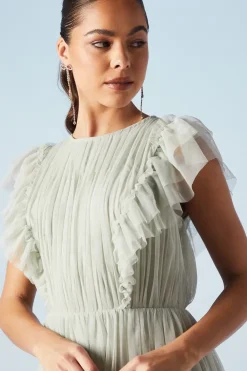 Ruffle Shoulder Mesh Bridesmaid Midi Dress