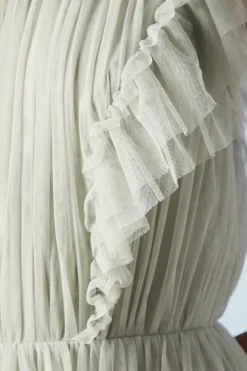 Ruffle Shoulder Mesh Bridesmaid Midi Dress