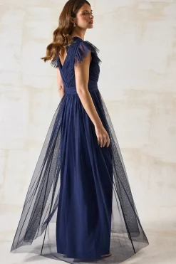 Ruffle Shoulder Open Back Mesh Bridesmaids Dress