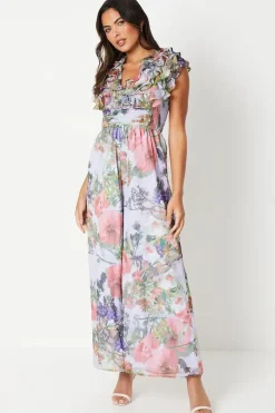 Ruffle Shoulder Pleated Waist Jumpsuit
