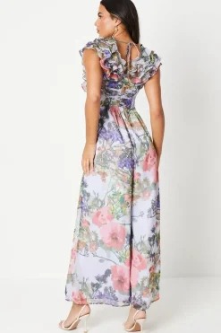 Ruffle Shoulder Pleated Waist Jumpsuit