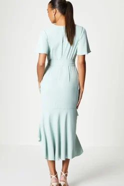 Ruffle Skirt Drape Neck Midi Dress
