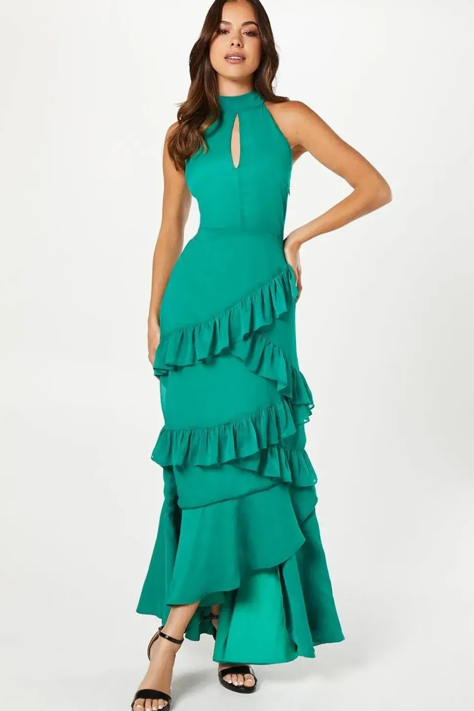 Ruffle Skirt High Neck Midi Dress