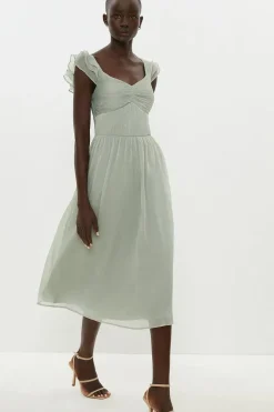 Ruffle Sleeve Crinkle Chiffon Midi Dress