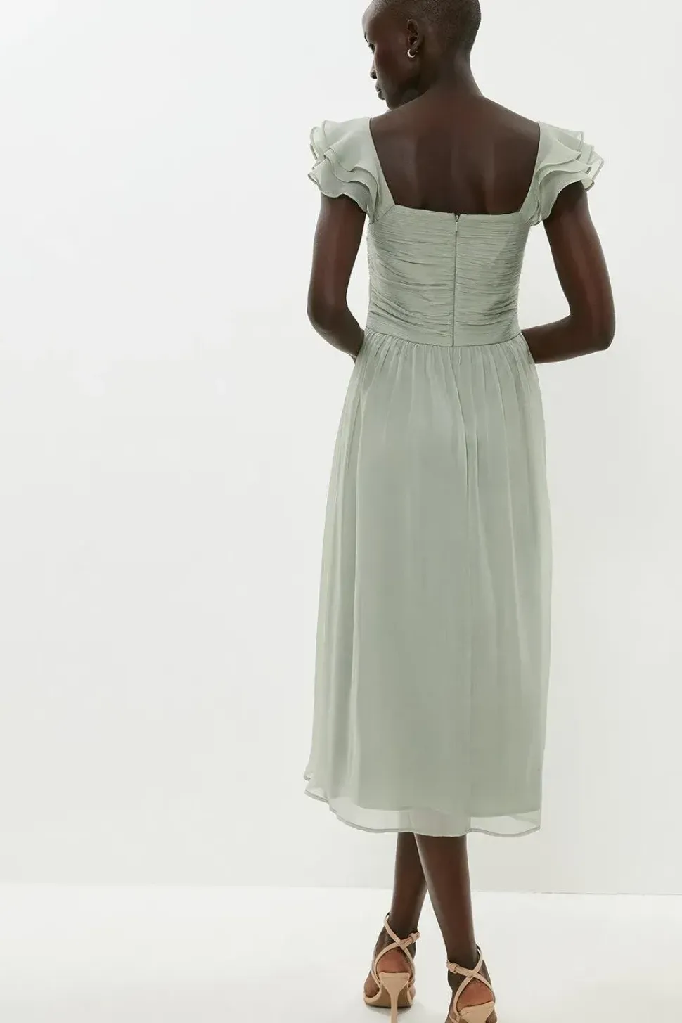 Ruffle Sleeve Crinkle Chiffon Midi Dress