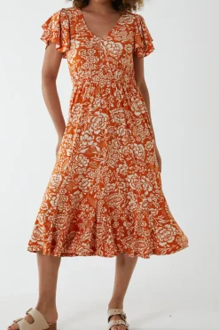 Ruffle Sleeve Elasticated Godet Midi Dress