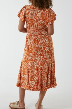 Ruffle Sleeve Elasticated Godet Midi Dress