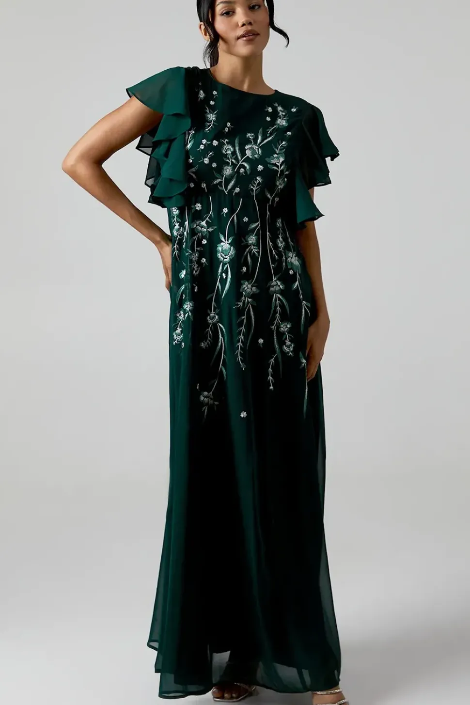 Ruffle Sleeve Embroidered Bridesmaid Dress