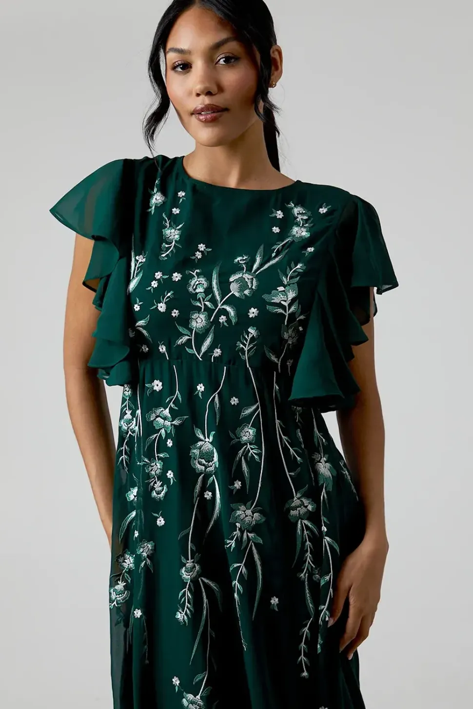 Ruffle Sleeve Embroidered Bridesmaid Dress