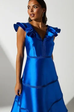 Ruffle Sleeve Lace Panelled Twill Dress
